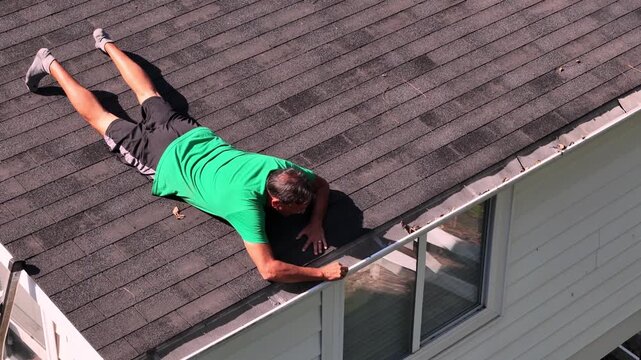 Man lies flat on a shingle roof while reaching over the edge to remove leaves from a rain gutter, illustrating risky home maintenance. 15404  