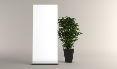 Obraz premium Blank vertical roll-up banner stand mockup on white background. Pull-up roller portable signage mock-up. White pop-up advertising display template. Roll up