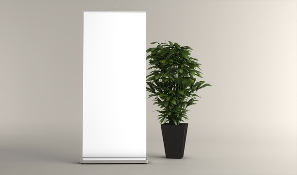 Blank vertical roll-up banner stand mockup on white background. Pull-up roller portable signage mock-up. White pop-up advertising display template. Roll up