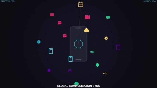 Abstract Digital Illustration of Global Communication Sync Featuring a Smartphone Connected to Various Network Icons in Cyber Space