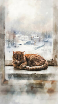 Cat Sleeping on Window Sill in Snow