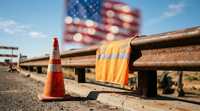 Bright orange safety vest hanging on rusted metal guardrail with orange traffic cone and blurred American flag in background representing highway construction road work and infrastructure development