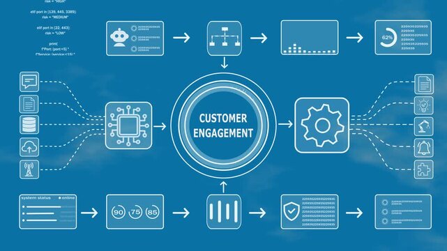 Customer Engagement Resource workflow automation system with intelligent data processing, business analytics, cloud integration, Technology background. 4k video