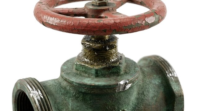Primer plano de una v&aacute;lvula de compuerta met&aacute;lica industrial con volante rojo sobre fondo blanco