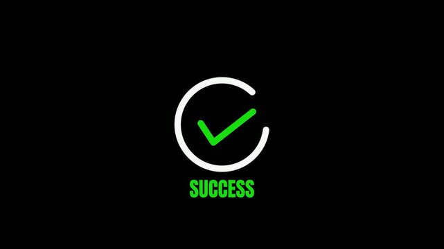 Green check mark icon inside white circle with success text animation on black background