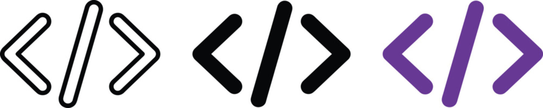 Three variations of a code bracket icon showing programming tags in outline, solid black, and solid purple on a white background, for developers