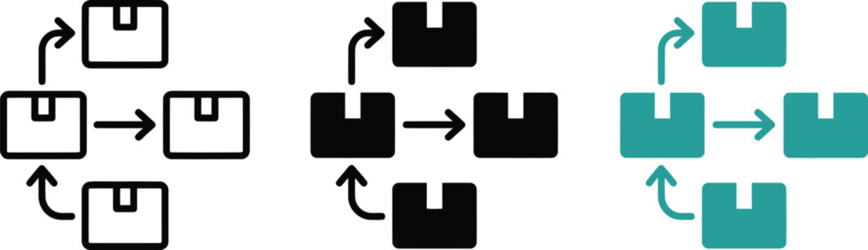Three variations of a logistics supply chain icon with boxes and arrows in a cycle, representing shipping, distribution, and inventory flow
