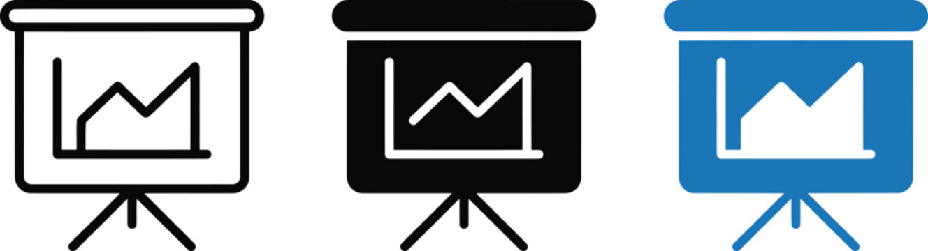 Three variations of a presentation chart icon, featuring outline, solid black, and solid blue styles, isolated on a clean white background