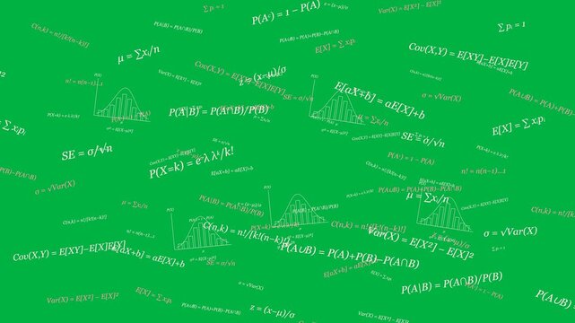 Unique statistics formulas and subject diagrams on a solid #00B140 green chroma key background, with an individual animated composition and camera movement. Seamless twelve second landscape 4K math