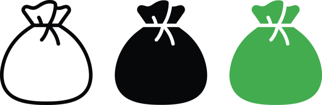 Three variations of a money bag icon, featuring outline, solid black, and solid green styles, isolated on a clean white background