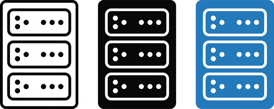 Three variations of a server rack icon, featuring outline, solid black, and solid blue styles, isolated on a clean white background