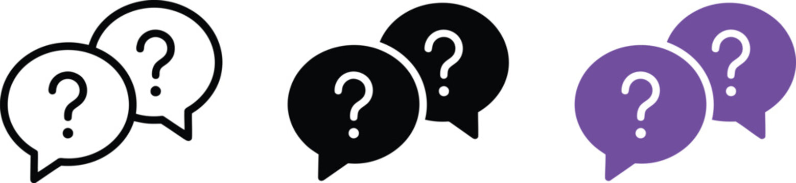 Three variations of a speech bubble icon with a question mark inside, representing inquiry, help, or support in outline, black, and purple