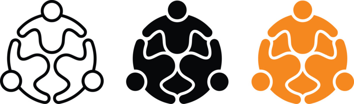 Three variations of a teamwork or community icon featuring three abstract figures in a circle, representing collaboration, unity, and partnership