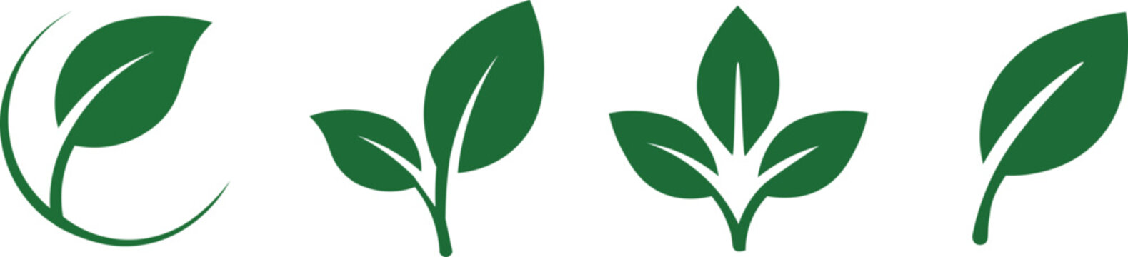 Four simple green leaf designs in various arrangements, including a single leaf, a two-leaf branch, a three-leaf cluster, and an individual leaf.