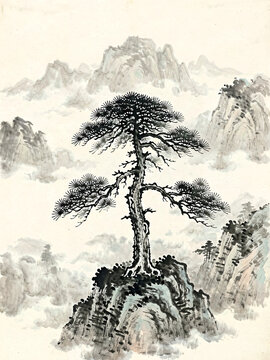 Chinese ink painting of a pine tree on a mountain