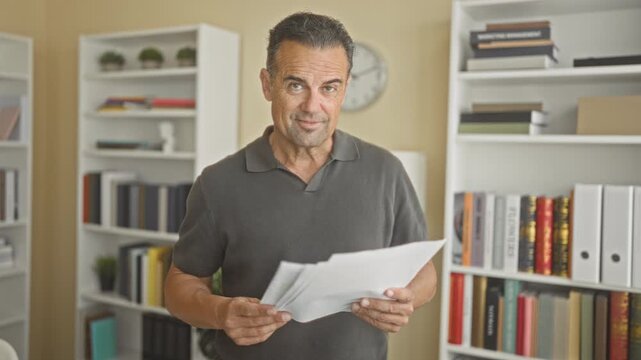 Man middle aged holding papers with hands, smiling and reading documents beside bookshelves in building; focused review.