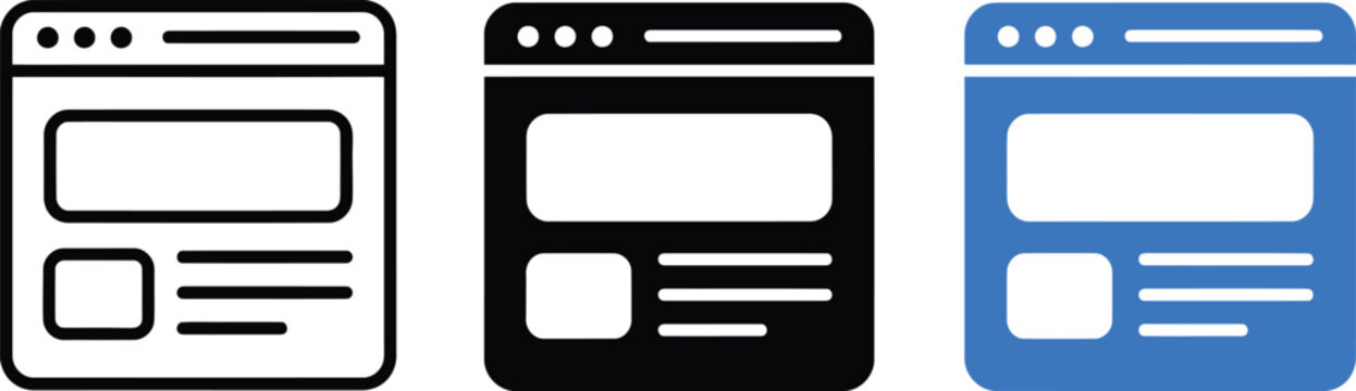 Three variations of a web browser window icon showing a graphical user interface in outline, solid black, and solid blue on a white background