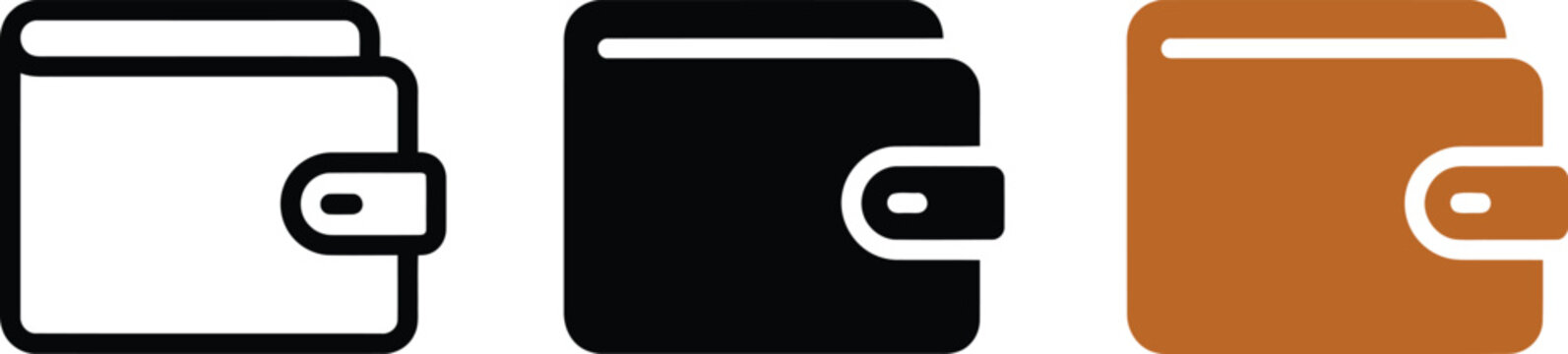 Three variations of a wallet icon featuring a simple rectangular shape with a side flap, shown in outline, solid black, and brown colors