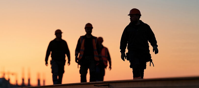 Construction project team walking on secure deck at sunset