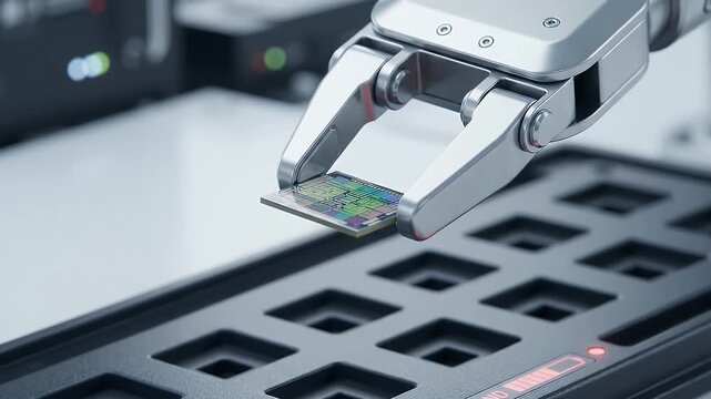 Precision robotic gripper holding colorful circuit board above electronic assembly tray, showcasing automated industrial manufacturing, robot technology, precision quality control, and advanced