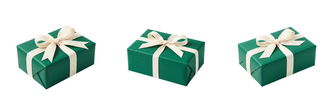 Three green gift boxes with cream ribbon bows isolated on a transparent background
