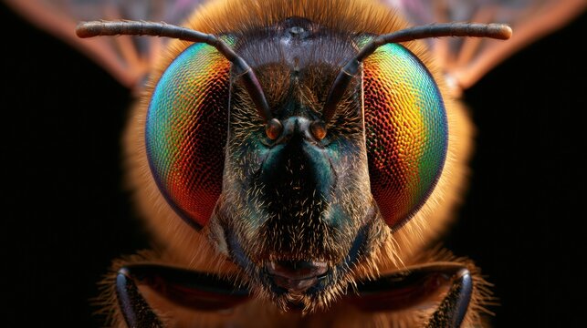 Close-up view of a honeybee face with huge eyes and facial hairs set against a dark background with dramatic lighting.
