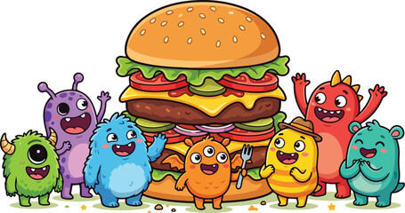 Fototapeta premium Cute colorful monsters standing around a huge delicious burger white background