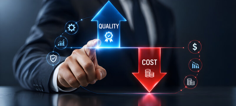 Businessman Touching Interactive Screen Balancing High Quality Arrow Up and Low Cost Arrow Down Concept

