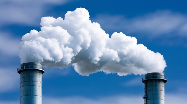 Factory smokestacks releasing large plumes of white emission into the atmosphere