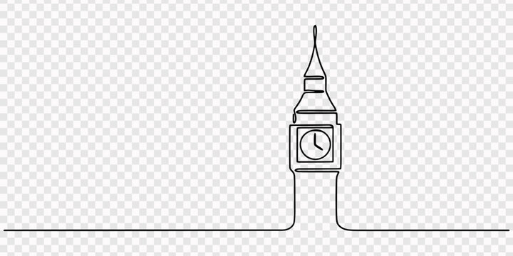 Big ben clock tower of london drawn with a single continuous black line on a simple minimal style artistic illustration representing famous english landmark architecture and travel tourism concept