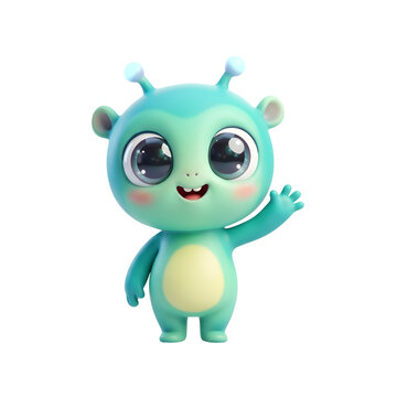 Cute 3D blue alien character waving hello with big eyes isolated on transparent background