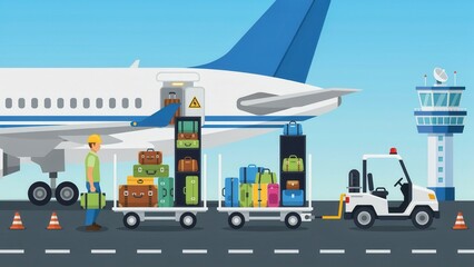 Obraz premium Airport ground crew loading luggage onto airplane