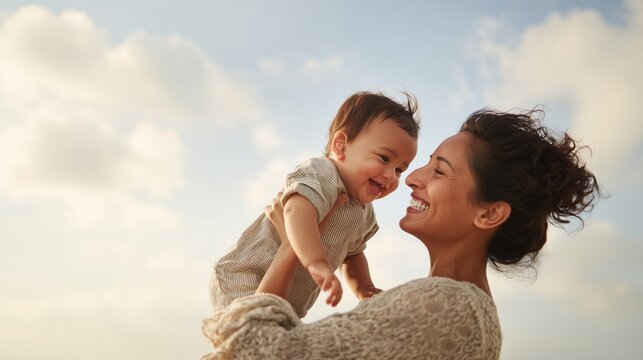 Mother holding up smiling baby with joy and strong bond outdoors with copy space