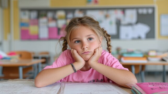Young female student feeling boredom while sitting at desk in elementary classroom