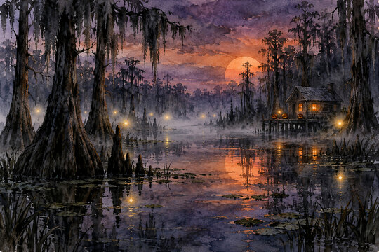 Watercolor haunted swamp Halloween landscape