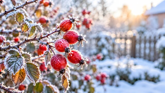 Red rose hips covered in frost hang from branches in a winter garden