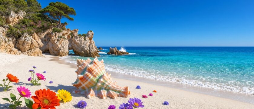 Grande conchiglia esotica e fiori colorati su una spiaggia paradisiaca con mare cristallino