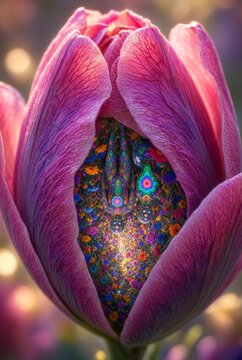 Mondo spirituale e psichedelico all'interno di un fiore di tulipano rosa surreale