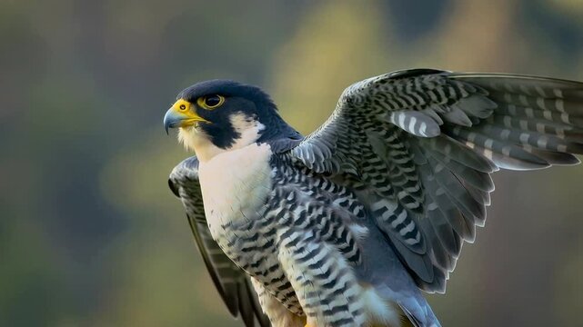 Peregrine falcon takes flight in a forest setting during early morning