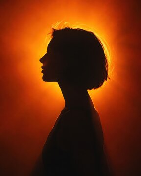 Striking side profile silhouette of female model with short bob cut against fiery orange backlit light glow with rim light and atmospheric fog for luxury beauty poster or album cover