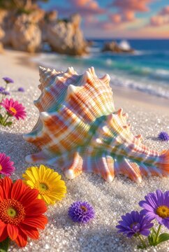 Conchiglia arcobaleno surreale su spiaggia scintillante con fiori colorati al tramonto