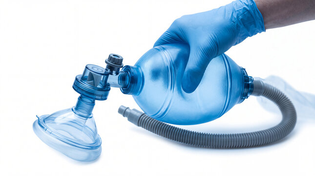 Medical professional holding a manual resuscitator bag on white