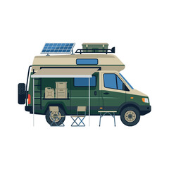 Obraz premium Camping van vector illustration with roof solar panel and outdoor gear