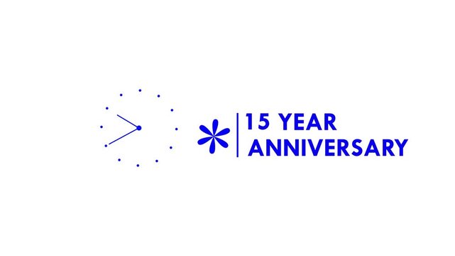 15 years anniversary motion graphic 4K footage with Blue Floral Star Abstract Logo Icon. Animated 15 years Birthday Wishes on White Background with alpha channel