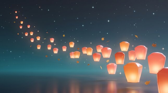 Glowing Sky Lanterns Autumn Release Background for Night Eve Festival