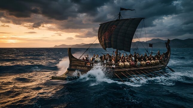 Ancient greek warship sailing on stormy sea at sunset with dramatic sky and oarsmen