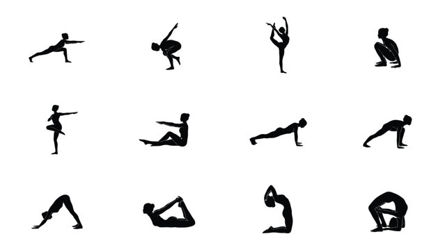 Person performing various stretching and exercise poses in silhouette style with Silhouette illustrations different body positions stretching fitness exercises flexibility art