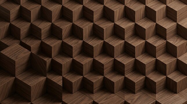 Abstract geometric pattern of interlocking wooden cubes creating a textured, three-dimensional background with warm, natural tones and intricate shadows.