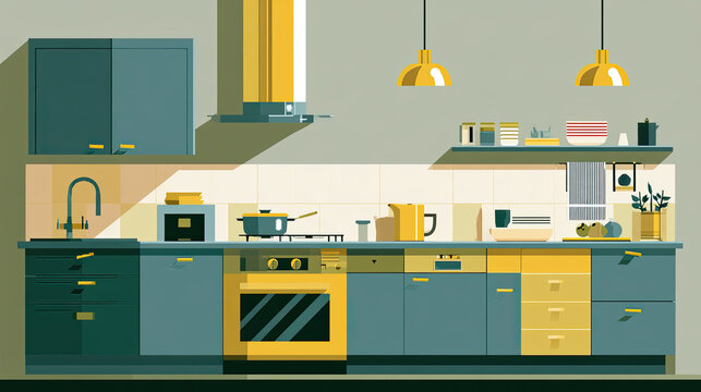 transparent modern kitchen flat vector illustration with cabinets
