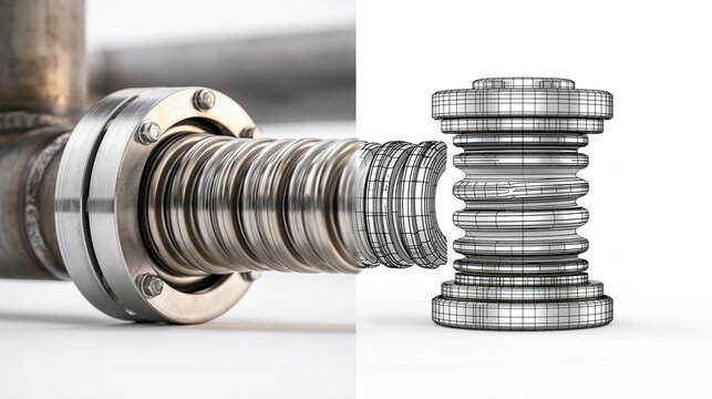 Metallic Cylinder with Screw Threads and Nut, Close-Up View